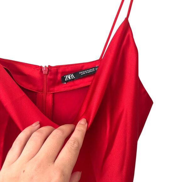 ZARA Satin Gathered Mini Dress Red Medium - Picture 4 of 6